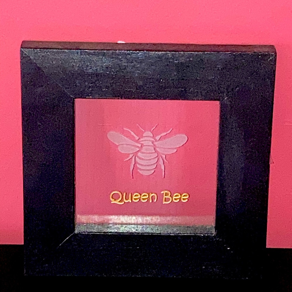 Queen Bee etched glass & wood frame wall art